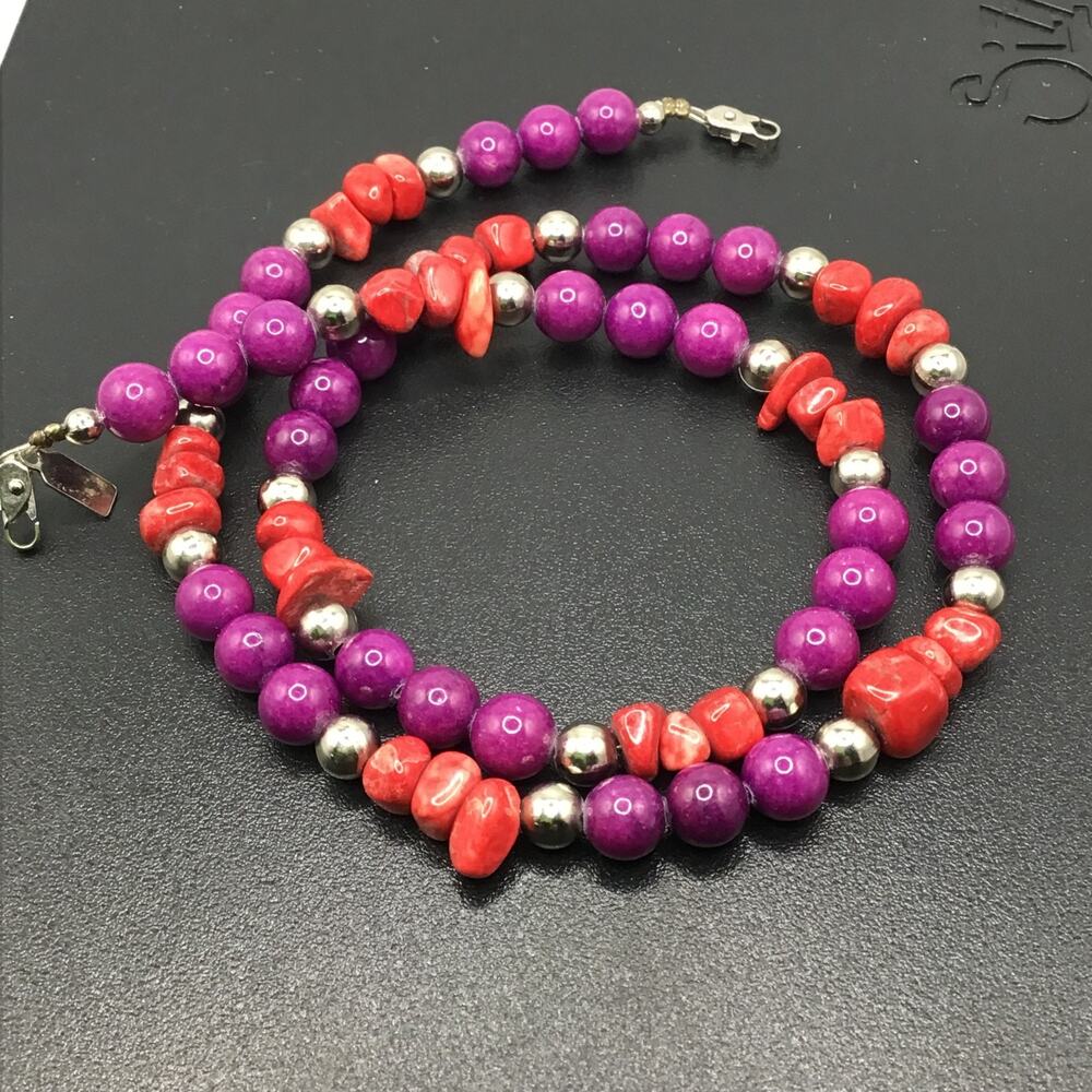 Karla Jordan Signed Purple Red Gemstone Beaded Necklace 18" Vintage